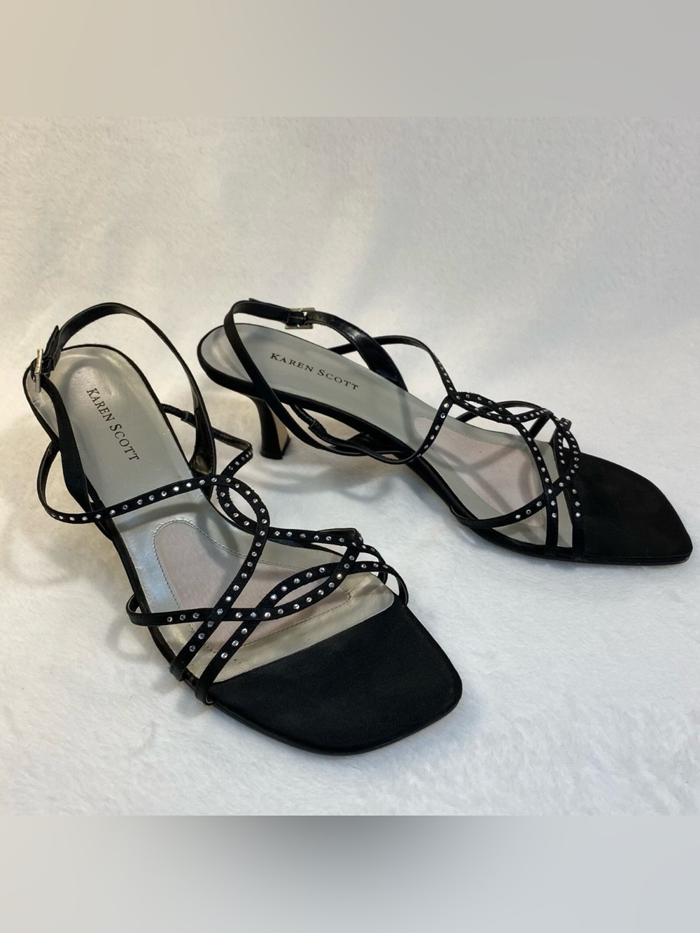 Karen Scott Sandals Black Satin Fabric Rhinestones Strappy Heels Size 8.5